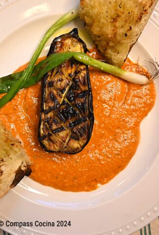 Romesco with Grilled Eggplant and Spring Onions