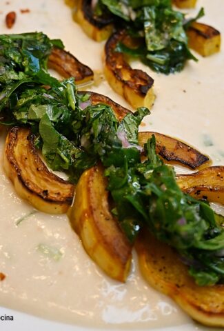 Roasted delicata squash with white bean purée and kale-parsley salsa